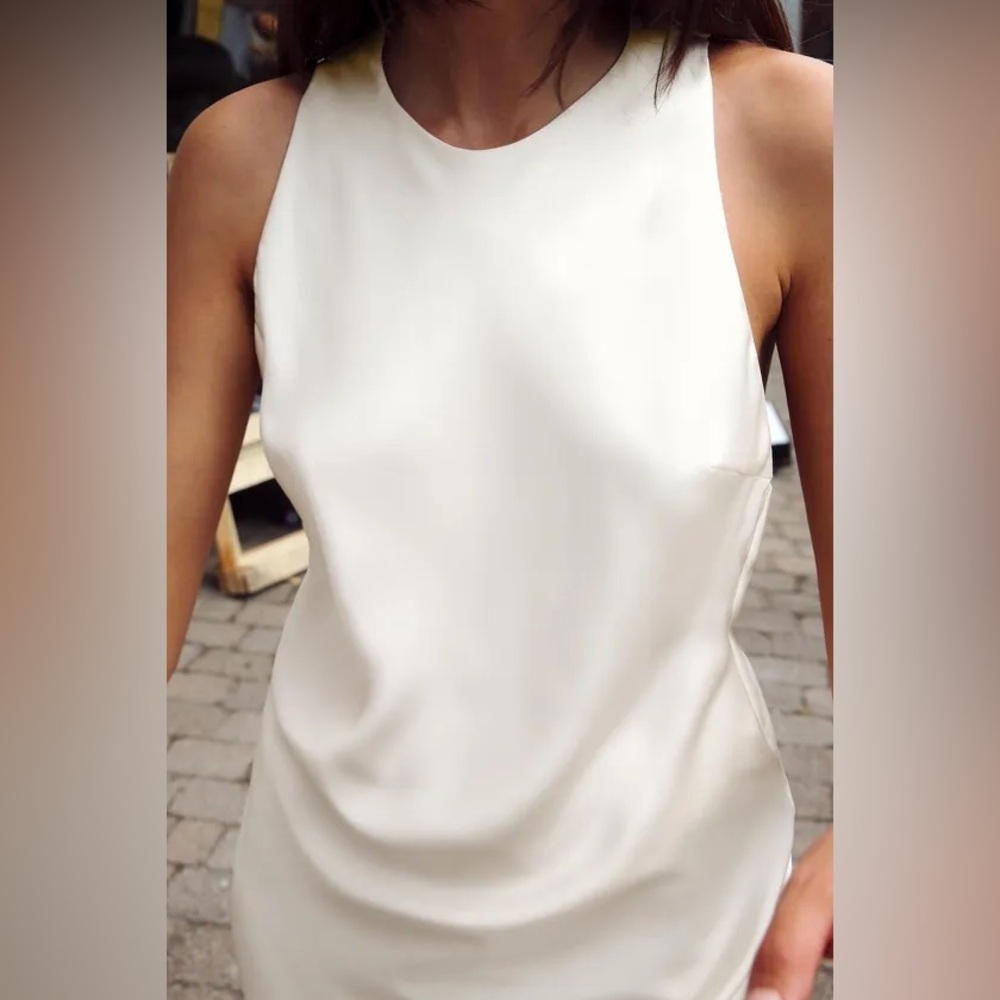ZARA Ecru Satin Effect Midi goddess dress Open Twist Back Small NEW - Picture 5 of 11
